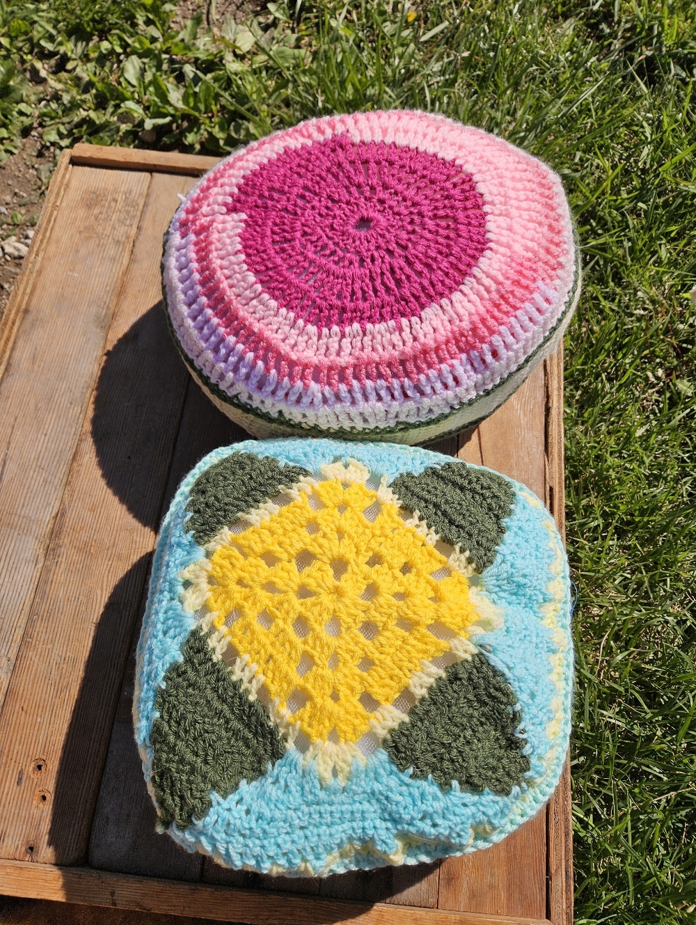 Vintage 70s Style Hand Crochet Round Boho Mandala Accent Throw Pillows Set of 2